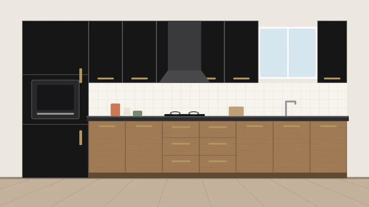 Charcoal black and natural oak two colour kitchen