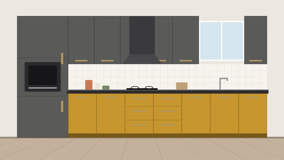 Concrete grey and ochre two colour kitchen