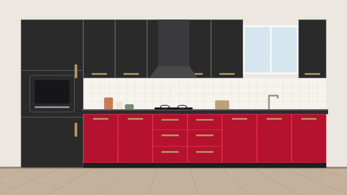 Graphite and signal red two colour kitchen