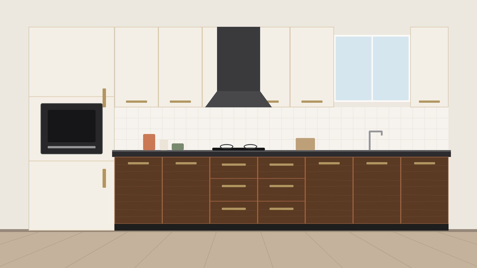 Two-colour modular kitchen with warm white wall units and walnut base units