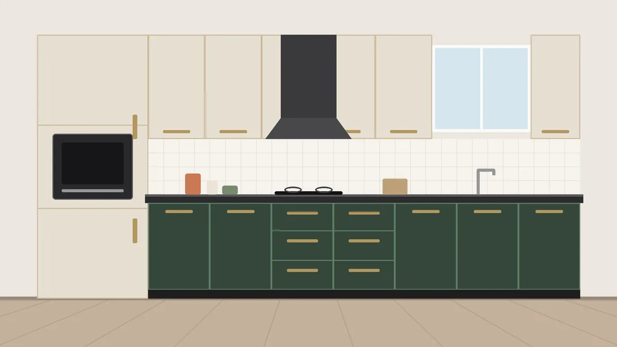 Linen beige and forest green two colour kitchen